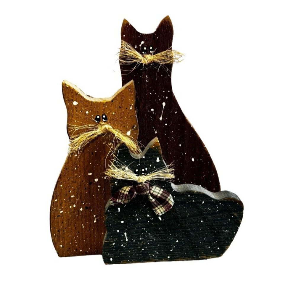 Vintage Country Cats Decor Wood Cutout Speckled 3 Kittens Burgundy Green Gold